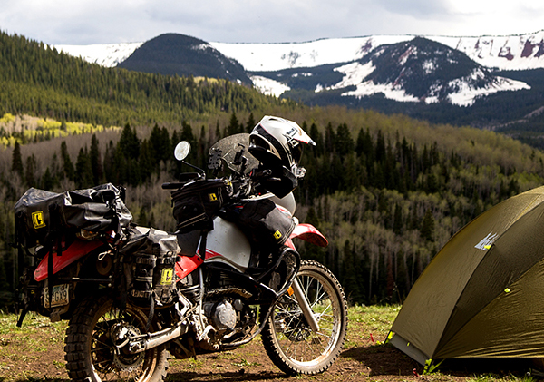 Kawasaki KLR650 equipped with Wolfman Luggage PMRacks PMR